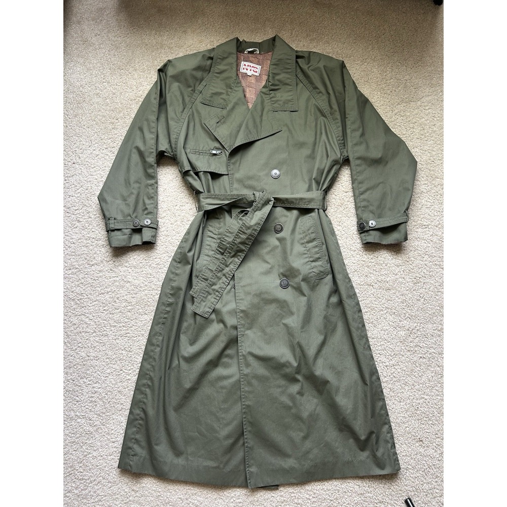 VTG NYG 80s Olive Green Belted Trench Coat Women’s Shoulder Pads Retro Fall M
